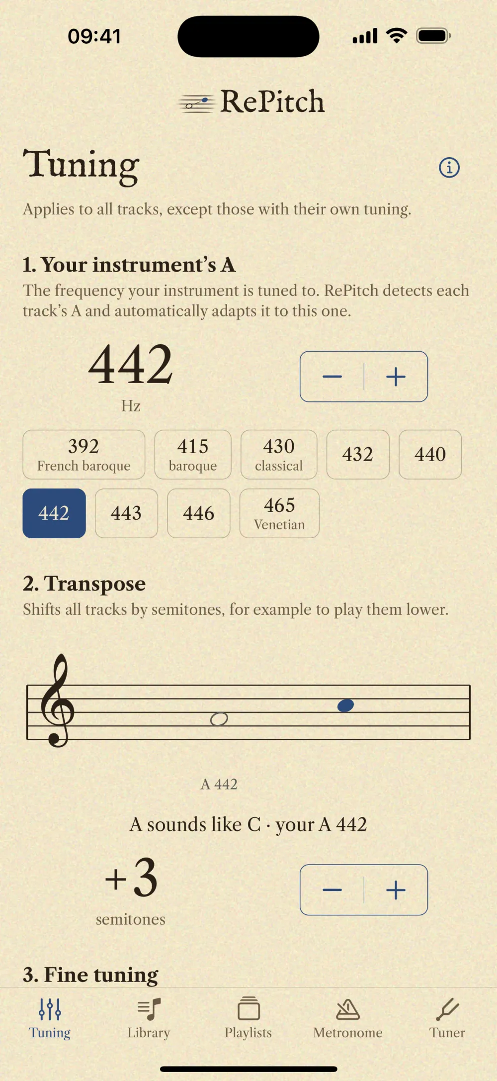RePitch’s Tuning screen: your A at 442 Hz, the reference presets, the staff and a transposition of +3 semitones.