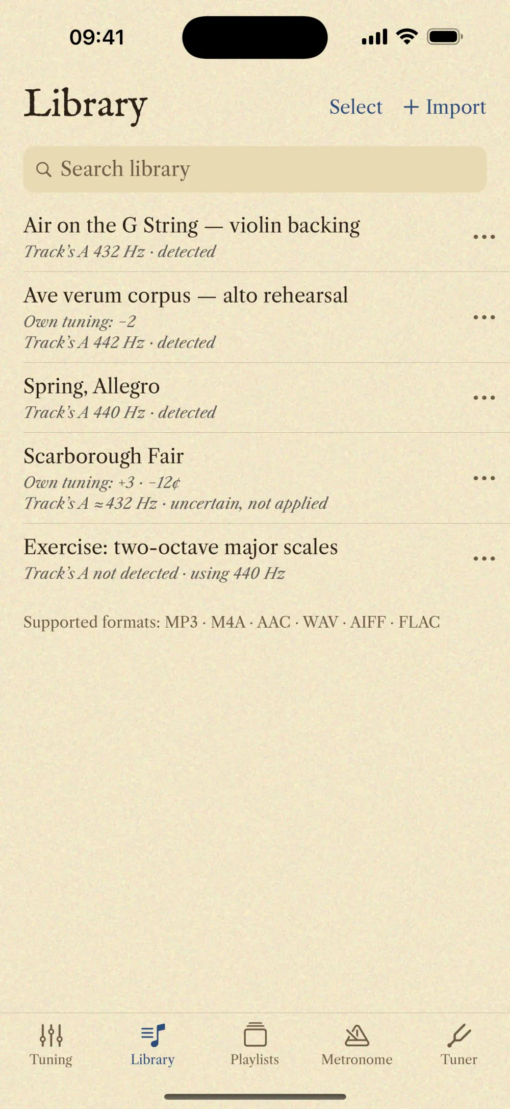 RePitch’s Library with the imported tracks and, next to each one, the A detected in that track.