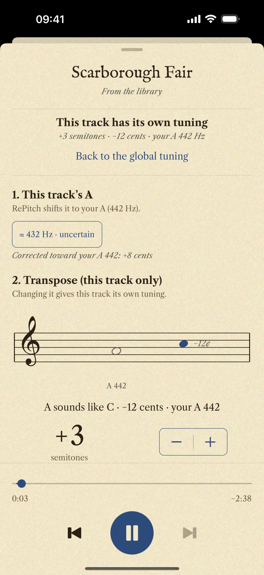 The player for a track with its own settings: its detected A of about 432 Hz (uncertain), transposed +3 semitones and −12 cents.