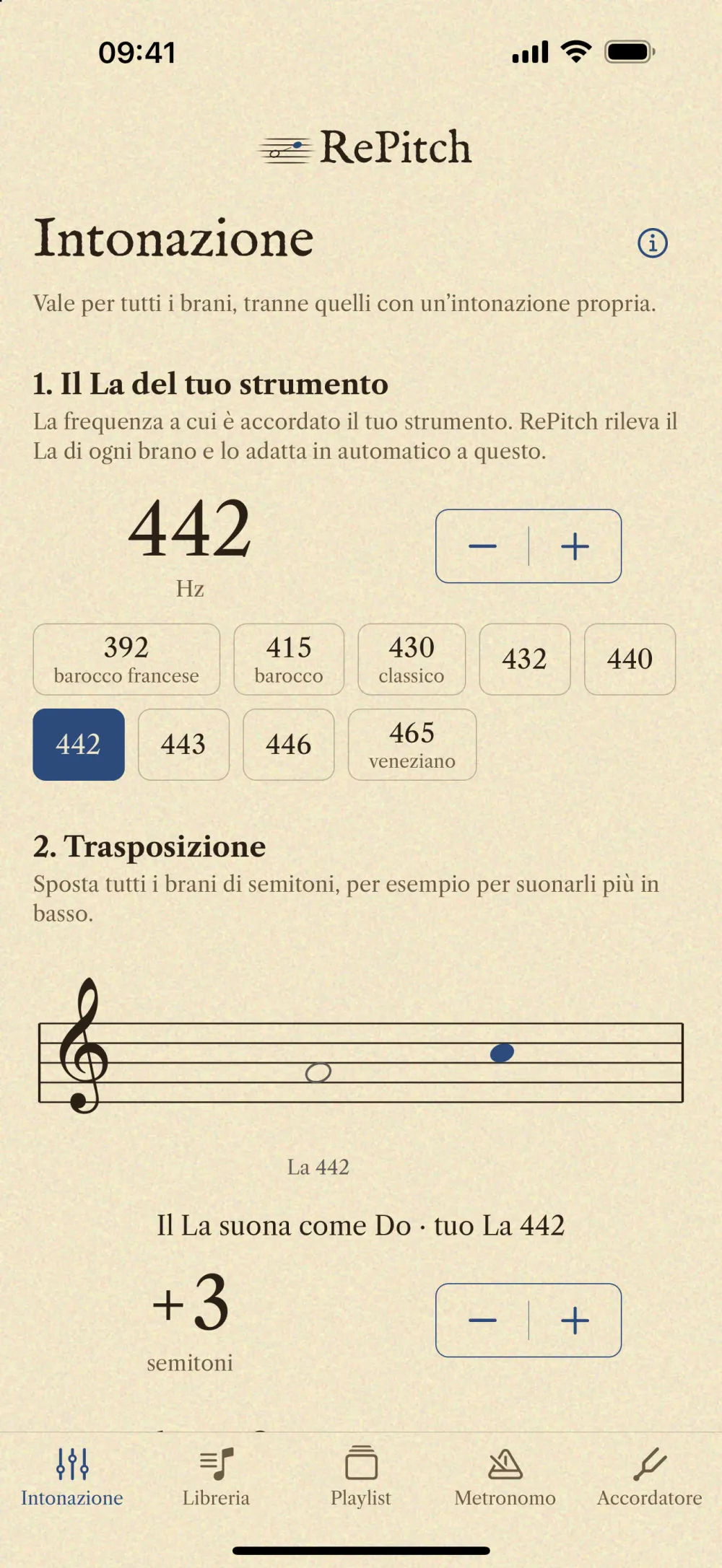 La schermata Intonazione di RePitch: il rigo con il La, i semitoni, i cents e i preset del La di riferimento.