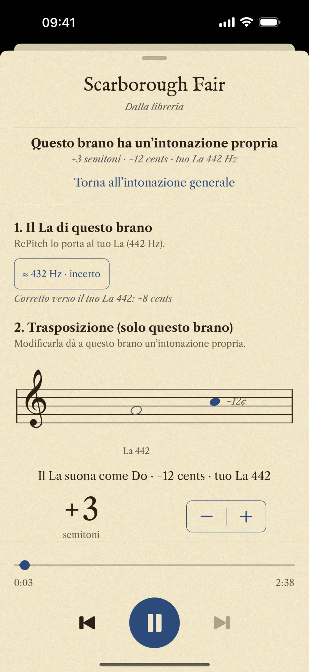 Il player di un brano con impostazioni proprie: il La del brano rilevato, il rigo e la trasposizione di più 3 semitoni.